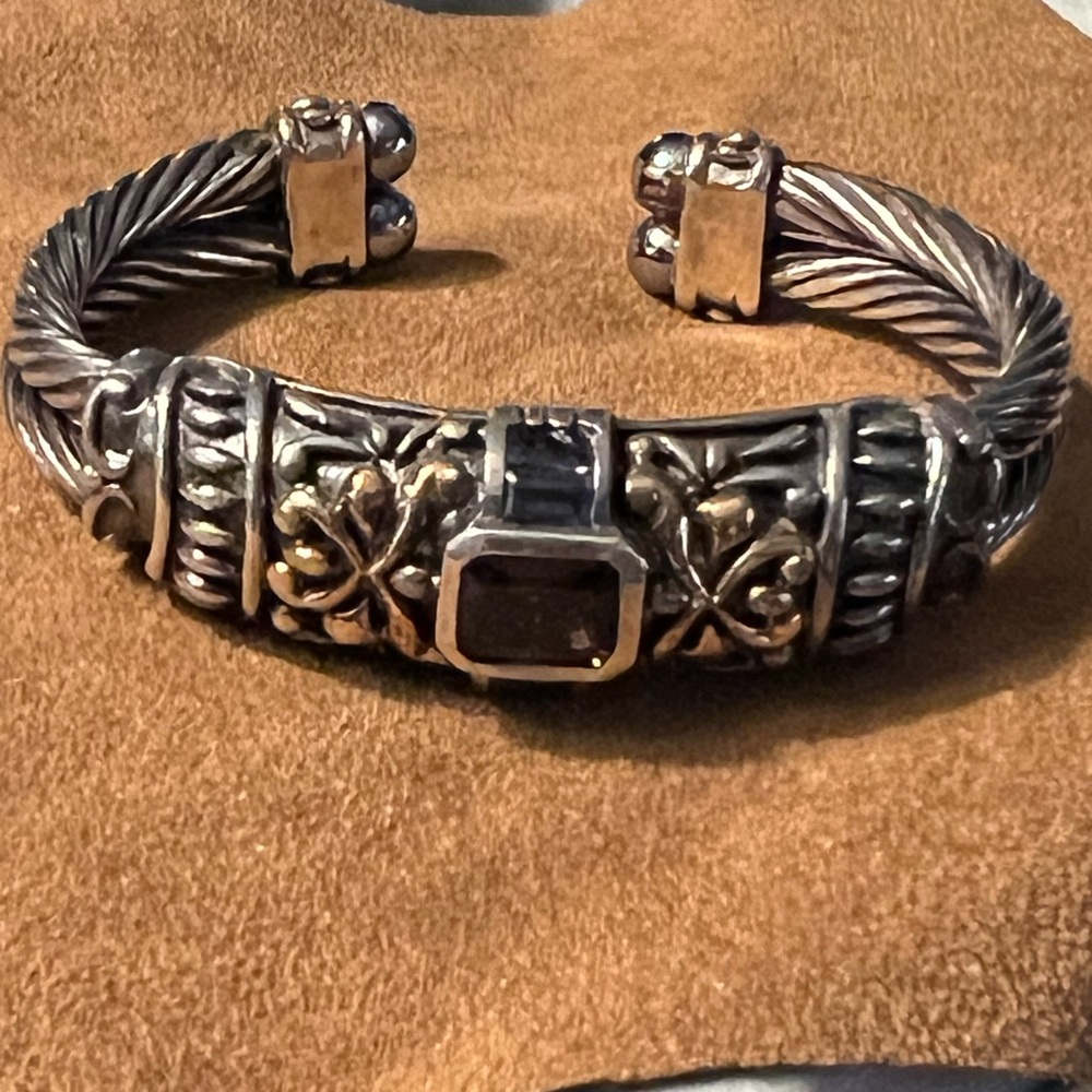 Sterling Silver and 14K cuff Bracelet with Deep Blue Sapphire  Gemstones